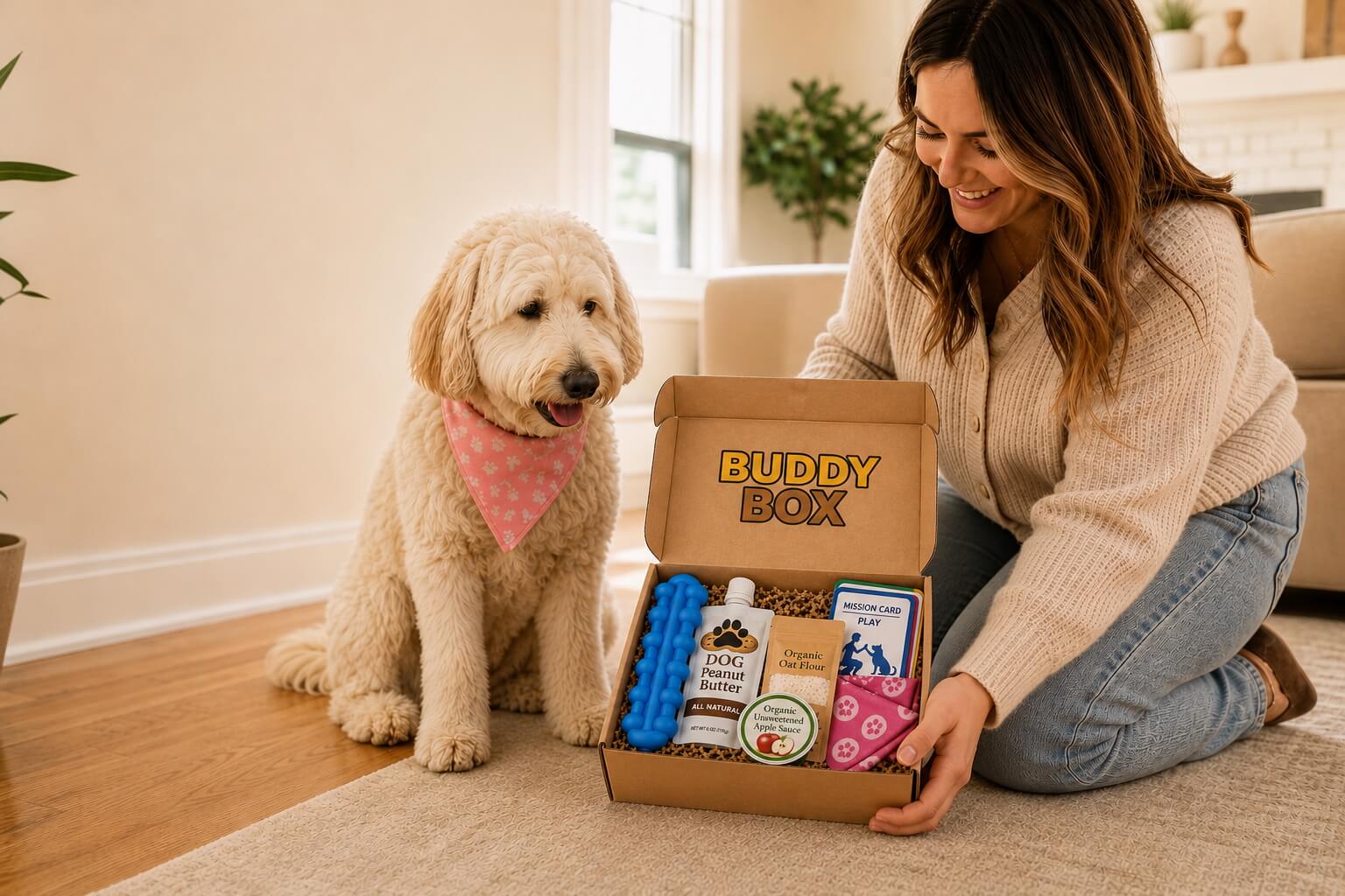 Woman opening a Buddy Box dog treat kit beside a happy dog