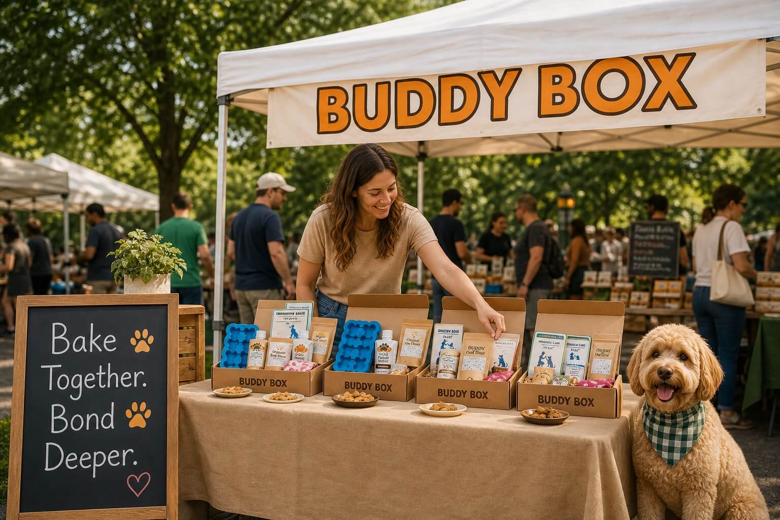 Buddy Box farmers market booth with kits displayed