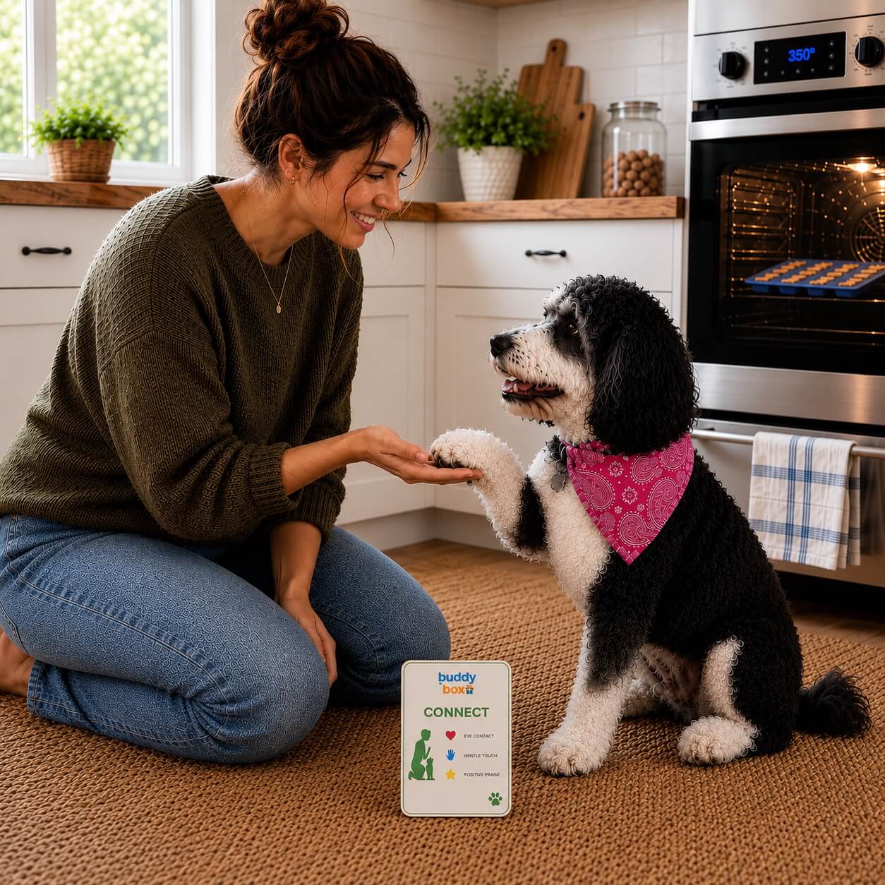Woman giving a dog a high-five during a bonding moment
