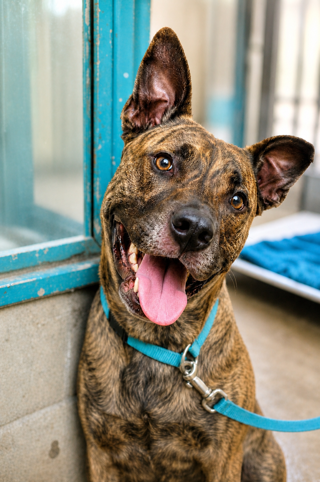 Rescue dog looking up while waiting for a home